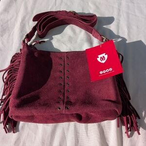 New w Tags Minnetonka Maroon Suede Leather Fringe Crossbody Bag